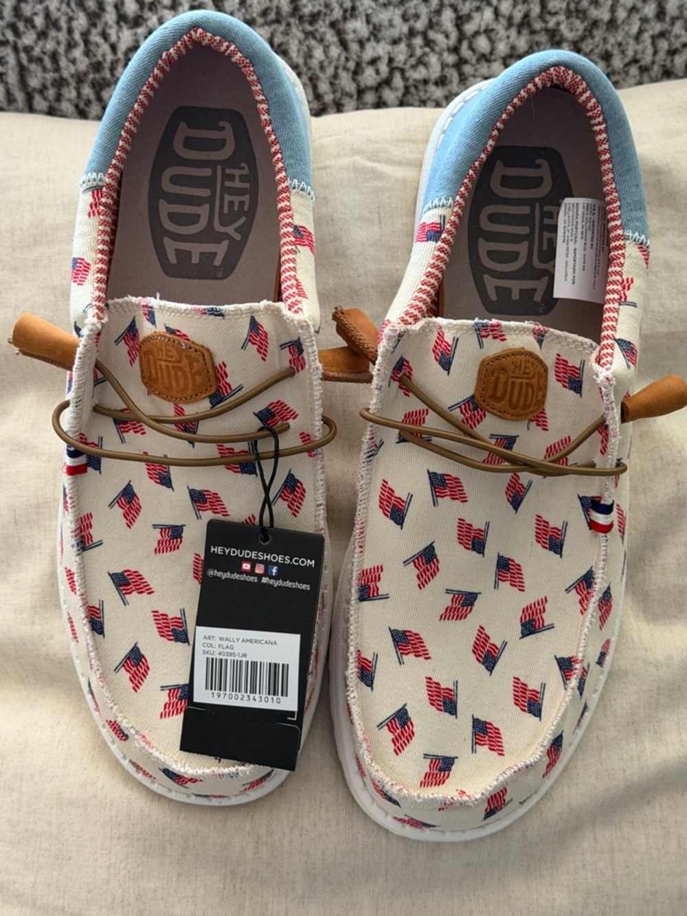Hey Dude mens Slip-On Sneakers in Cream with Red & Blue Flag Print